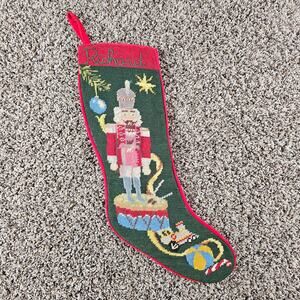 Vntg Wool Needlepoint Merry Christmas Stocking Toy Soldier Red